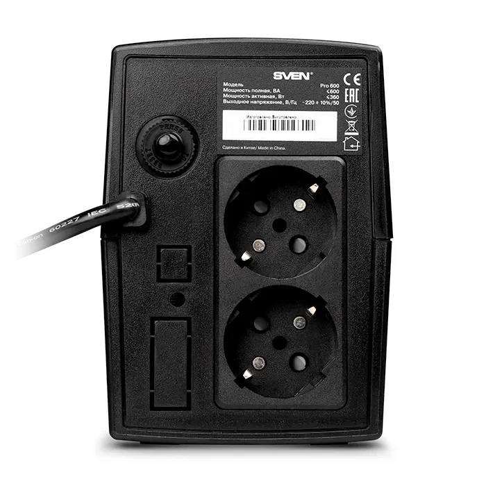 SVEN Pro 600, Line-interactive UPS with AVR, 600VA /360W, 2x Schuko outlets, 1x7AH, AVR: 175-280V, Cold start function, Black 3