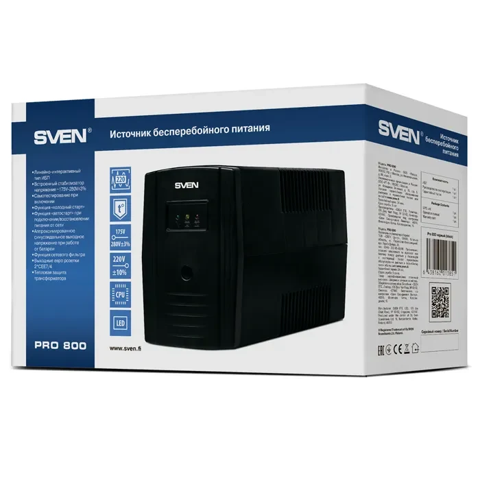 SVEN Pro 800, Line-interactive UPS with AVR, 800VA /480W, 2x Schuko outlets, 1x9AH, AVR: 165-275V, Cold start function, Black 4