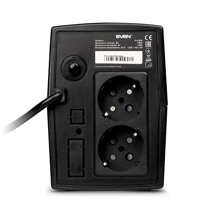 SVEN Pro 800, Line-interactive UPS with AVR, 800VA /480W, 2x Schuko outlets, 1x9AH, AVR: 165-275V, Cold start function, Black 3