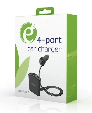 USB Car Charger - EnerGenie EG-4U-CAR-01, 4x USB ports, Input 12/24V DC, Output: up to 2.4 A, charge up to 4 devices simultaneously, 2 ports for the front and 2 ports for backseat passengers, turns, 1.8m cable, Black