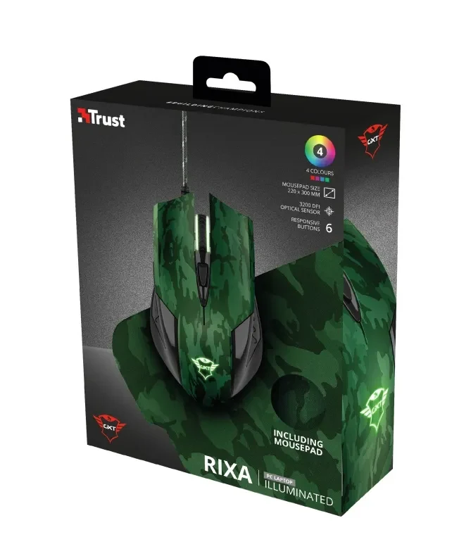 Trust Gaming GXT 781 Rixa Camo Mouse & Mouse Pad, 800 - 3200 dpi, 6 Responsive buttons, LED illumination with breathing effect in 4 colours, 1,8 m USB, Camouflage 7