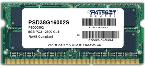 8GB DDR3-1600 SODIMM  PATRIOT Signature Line, PC12800, CL11, 2 Rank, Double-sided module, 1.5V