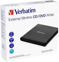 External Slimline CD/DVD Writer VERBATIM, Light Version, Portable Slim -14mm, Super-Multi CDR/RW +24x/-24x, DVDR+8x/-8x, RW+6x/-6x, DL+6x, RAM 5x, miniDVD, M-DISC, USB2.0, 2xUSB ports needed, Black, Retail (53504) 2