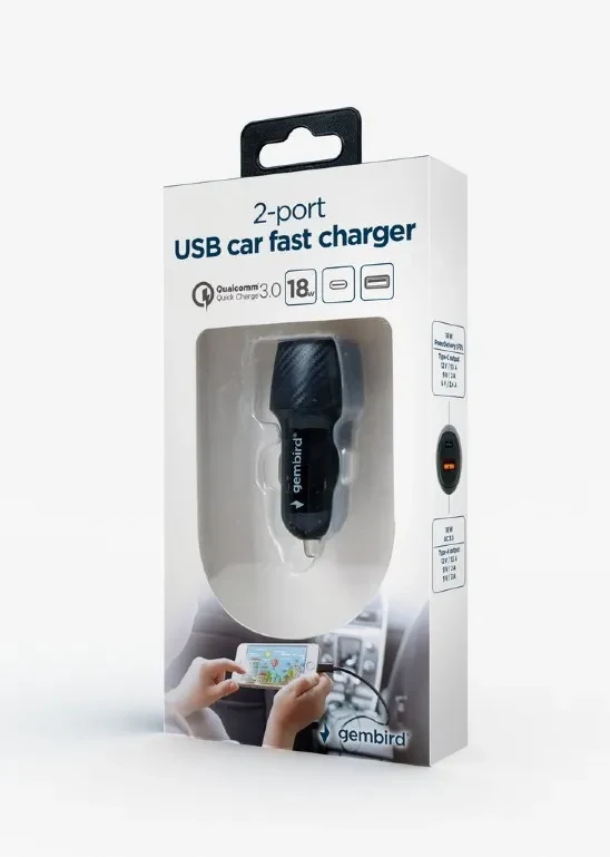 USB Car Charger - TA-U2QC3-CAR-02, 2-port USB car fast charger, Type-C PD, 18 W, black 5