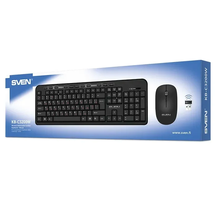 SVEN KB-C3200W, Wireless, Multimedia Keyboard & Mouse, 2.4GHz, (115 keys, 11 Fn-keys) + Mouse (3 + 1 (scroll wheel), 800/1200/1600 dpi), Nano receiver, USB, Black, Rus/Ukr/Eng 8