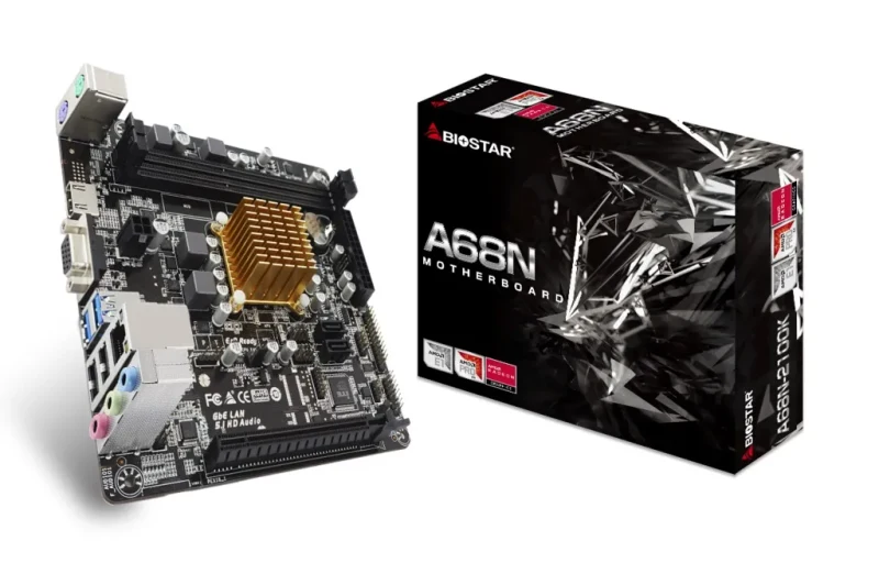 BIOSTAR A68N-2100K, MB + CPU onboard: Dual-core AMD E1-6010 1.35GHz, 2xDDR3-1600, AMD Radeon R2 Graphics, support HDCP, VGA, HDMI, 1x PCI-Ex16, 2xSATA3, COM+LPT headers, ALC887 7.1-Ch HDA, 1xGbE LAN, 2xUSB3.2 Gen1, 2xUSB 2.0, mini-ITX 4