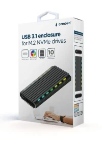 USB enclosure for M.2 NVMe drives, USB 3.1 gen 2 (10 Gbps), RGB LED backlight, aluminum, support: M.2 of 22 mm 2230, 2242, 2262, 2280, SATA and NVMe; M-, B-, M+B key, 0.20m cable USB-C/A 4