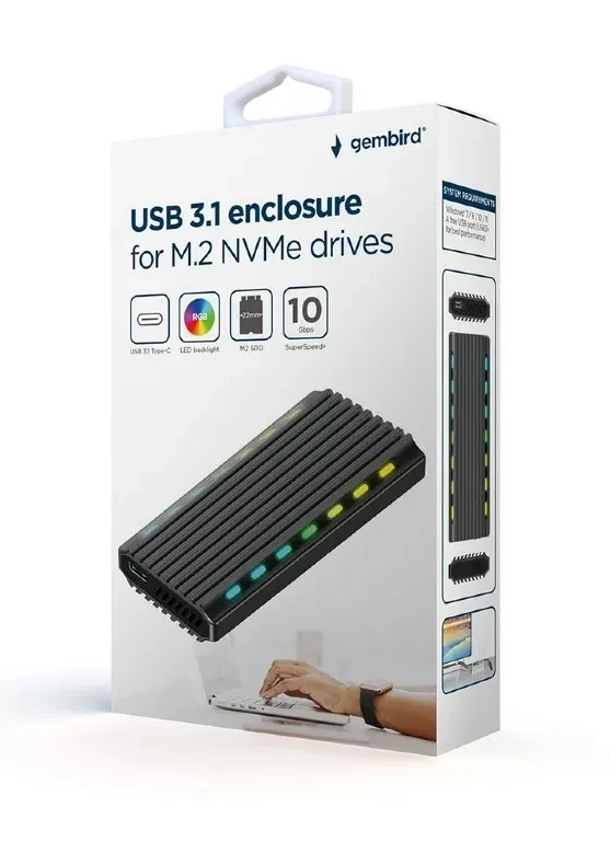 USB enclosure for M.2 NVMe drives, USB 3.1 gen 2 (10 Gbps), RGB LED backlight, aluminum, support: M.2 of 22 mm 2230, 2242, 2262, 2280, SATA and NVMe; M-, B-, M+B key, 0.20m cable USB-C/A 4