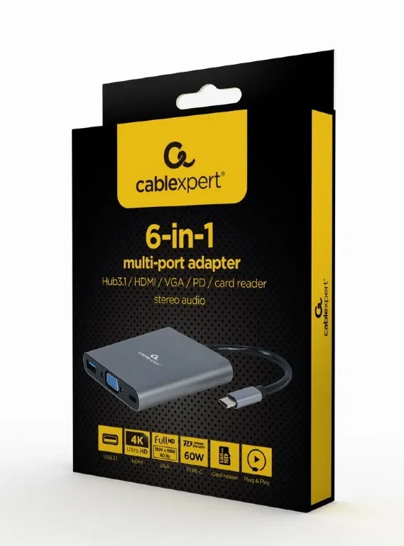 Adaptor Multiport Gembird A-CM-COMBO6-01/ USB-C/ USB-A/ 1xUSB-C/ HDMI/ VGA/ miniJack 3.5mm/ SD/ microSD 4