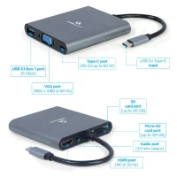 Adaptor Multiport Gembird A-CM-COMBO6-01/ USB-C/ USB-A/ 1xUSB-C/ HDMI/ VGA/ miniJack 3.5mm/ SD/ microSD 3