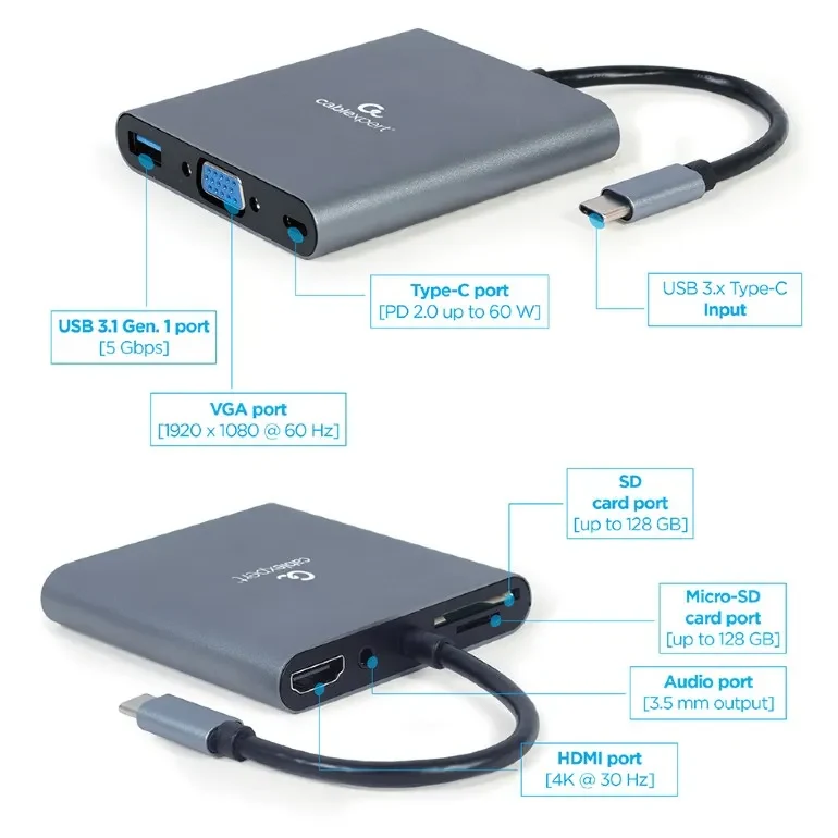 Adaptor Multiport Gembird A-CM-COMBO6-01/ USB-C/ USB-A/ 1xUSB-C/ HDMI/ VGA/ miniJack 3.5mm/ SD/ microSD 3
