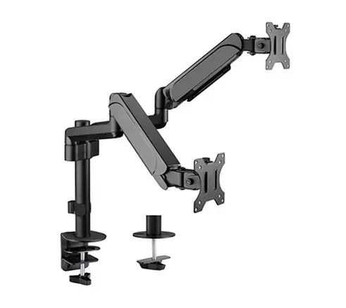 Arm for 2 monitors 17”-32” - Gembird MA-DA2P-01, Adjustable desk 2 displays mounting arm, Gas spring 2-9 kg, VESA 75/100, arm rotates, extends and retracts, tilts to change reading angles, and allows to rotate display from landscape-to-portrait mode