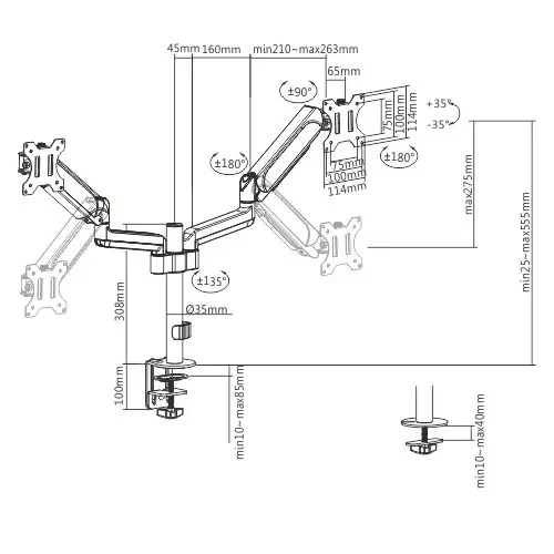 Arm for 2 monitors 17”-32” - Gembird MA-DA2P-01, Adjustable desk 2 displays mounting arm, Gas spring 2-9 kg, VESA 75/100, arm rotates, extends and retracts, tilts to change reading angles, and allows to rotate display from landscape-to-portrait mode 2