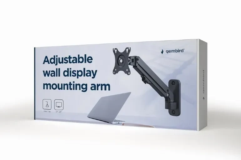 Monitor wall mount arm for 1 monitor up to 27”  Gembird MA-WA1-01, Adjustable wall display mounting arm (rotate, tilt, swivel),  VESA 75/100, up to 9 kg, black 3
