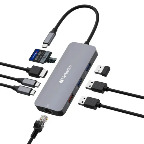 Adaptor Multiport  Verbatim CMH-09/ USB-С/ 2xUSB-A 3.2/ 1xUSB-A 3.2(Gen 2)/ 2xUSB-C 3.2(Gen 2)/ HDMI/ RJ45/ SD/ microSD