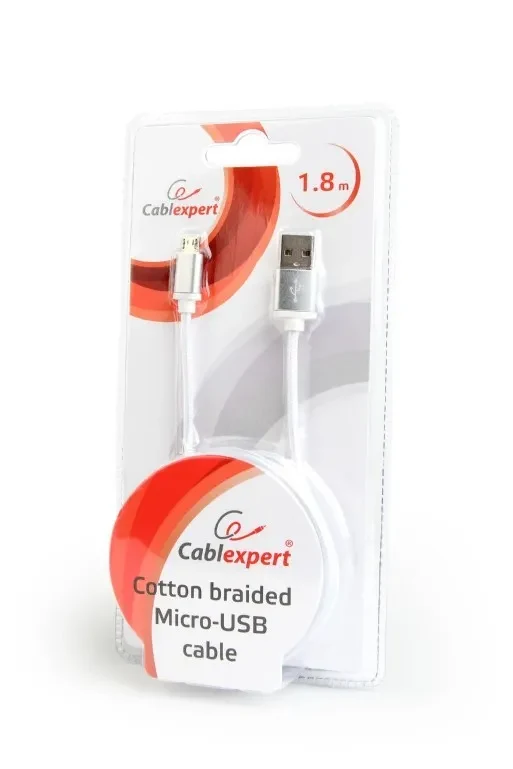 Cable microUSB2.0 Cotton braided - 1.8m - Cablexpert CCB-mUSB2B-AMBM-6-S, Silver, Professional series, USB 2.0 A-plug to Micro B-plug, blister 2