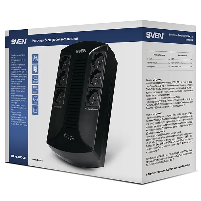 SVEN UP-L1000E, Line-interactive UPS with AVR, 1000VA /510W, 6 x Schuko outlets (3 backed up, all 6 surge protected), LED status indication,Black 5