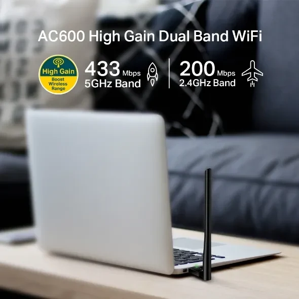 TP-LINK Archer T2U Plus AC600 Wireless Dual Band USB Adapter, 433Mbps on 5GHz + 150Mbps on 2.4GHz, 802.11a/b/g/n/ac, High Gain, 1 fixed Antenna 3