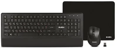 SVEN KB-C3800W, Wireless, Keyboard & Mouse & Mouse Pad, 2.4GHz, Multimedia Keyboard (104 keys, 12Fn-keys) + Mouse (5+1 keys (scroll wheel), 800/1200/1600dpi), Nano receiver, USB, Black, Rus/Ukr/Eng