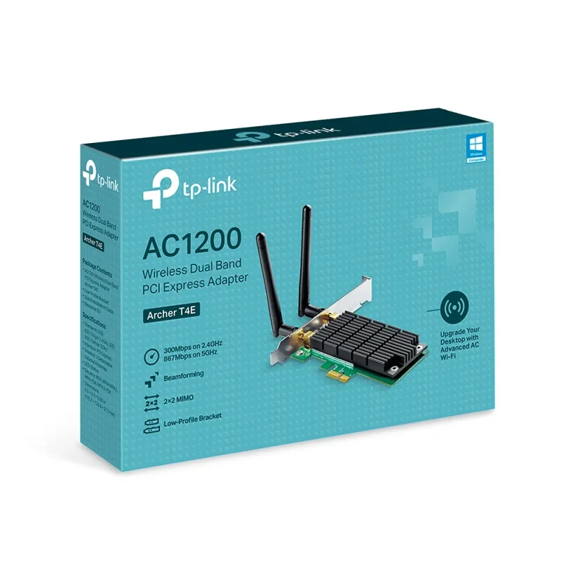 TP-LINK Archer T4E  AC1200 Wireless Dual Band PCI Express Adapter, 867Mbps on 5GHz + 300Mpbs on 2.4GHz, 802.11a/b/g/n/ac, 2 Dual Band detachable аntennas 3