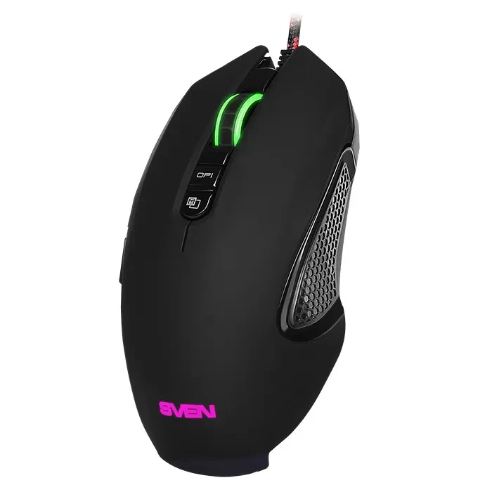 SVEN RX-G955 Gaming, Optical Mouse, 600-4000 dpi, 7+1 buttons (scroll wheel),  DPI switching modes, Two navigation buttons (Forward and Back), RGB backlight, Soft Touch coating, USB, Black 2