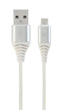 Cable USB2.0/Micro-USB Premium cotton braided - 2m - Cablexpert CC-USB2B-AMmBM-2M-BW2, Silver/White, USB 2.0 A-plug to Micro-USB plug, blister