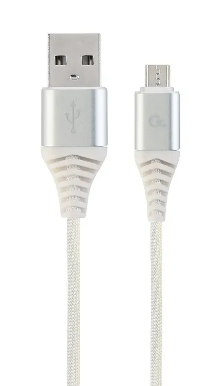 Cable USB2.0/Micro-USB Premium cotton braided - 2m - Cablexpert CC-USB2B-AMmBM-2M-BW2, Silver/White, USB 2.0 A-plug to Micro-USB plug, blister