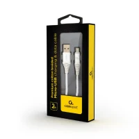 Cable USB2.0/Micro-USB Premium cotton braided - 2m - Cablexpert CC-USB2B-AMmBM-2M-BW2, Silver/White, USB 2.0 A-plug to Micro-USB plug, blister 2