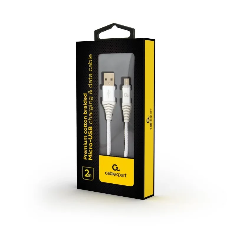 Cable USB2.0/Micro-USB Premium cotton braided - 2m - Cablexpert CC-USB2B-AMmBM-2M-BW2, Silver/White, USB 2.0 A-plug to Micro-USB plug, blister 2