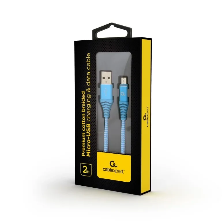 Cable USB2.0/Micro-USB Premium cotton braided - 2m - Cablexpert CC-USB2B-AMmBM-2M-VW, Blue/White, USB 2.0 A-plug to Micro-USB plug, blister 2