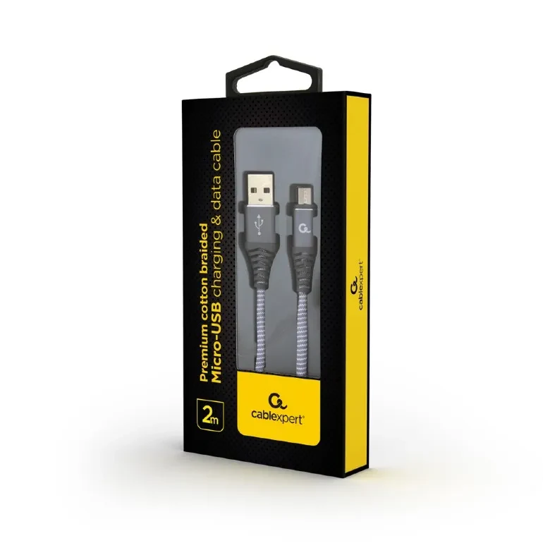 Cable USB2.0/Micro-USB Premium cotton braided - 2m - Cablexpert CC-USB2B-AMmBM-2M-WB2, Spacegrey/White, USB 2.0 A-plug to Micro-USB plug, blister 2