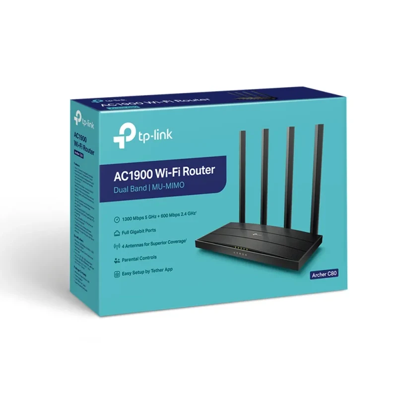 Wireless Router TP-LINK Archer C80 / AC1900 Dual Band / Wi-Fi5 / Gigabit / 1WAN+4LAN / 4 fixed antennas 4