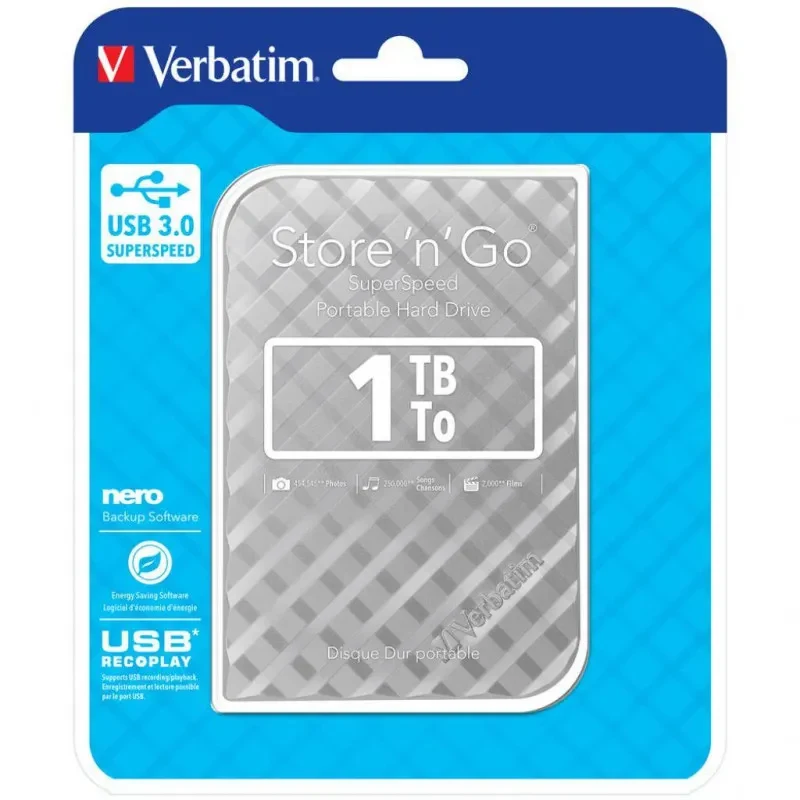 2.5” HDD Extern Verbatim ”Store 'n' Go” / USB3.0 / 1.0TB / Silver 4