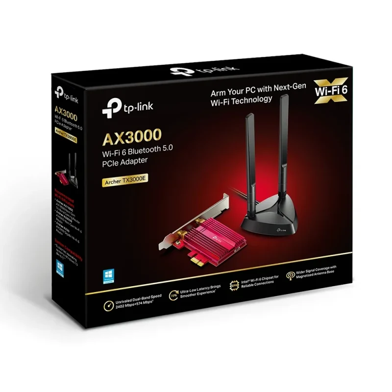 TP-LINK Archer TX3000E  AX3000 Wi-Fi 6 + Bluetooth PCI Express Adapter, 2402Mbps on 5GHz + 574Mpbs on 2.4GHz, 802.11ax/ac/n/g/b/a, 2 Dual Band detachable аntennas, Bluetooth 5.0 3