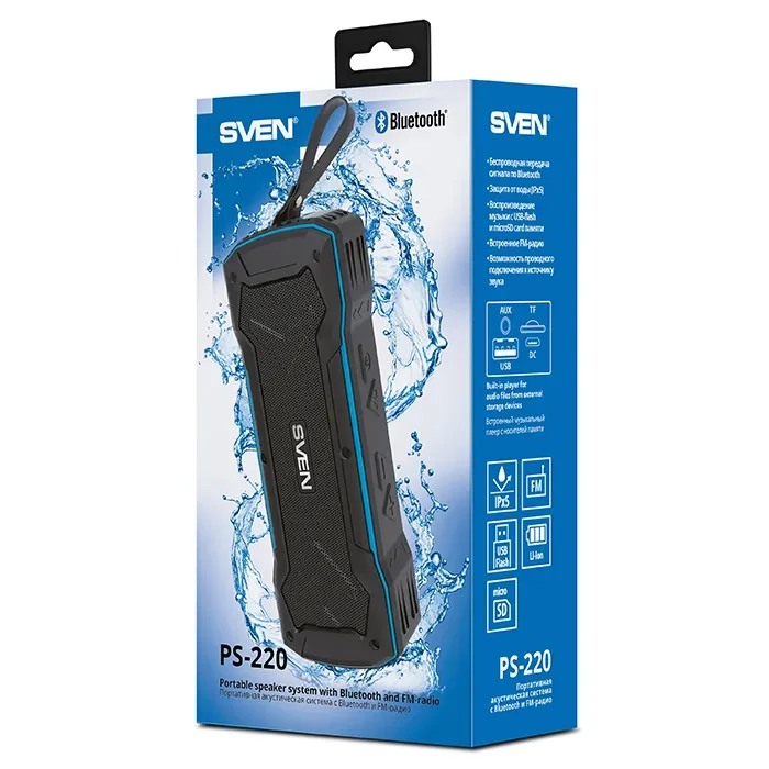 Boxa portabila SVEN PS-220, Black-Blue / 10W / Bluetooth / FM / USB / microSD / 1200mA*h 7