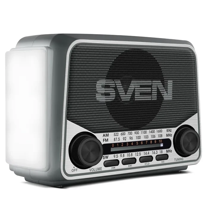 SVEN SRP-525 Gray, FM/AM/SW Radio, 3W RMS, 8-band radio receiver, built-in audio files player from USB-fash, microSD and SD card storage devices, telescopic swivel antenna, built-in battery 3