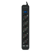 Surge Protector SVEN SF-05LU, 5 Sockets + 2 USB (2,4 A) , 1.8m, Black, color box 2
