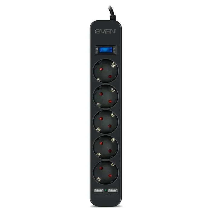 Surge Protector SVEN SF-05LU, 5 Sockets + 2 USB (2,4 A) , 1.8m, Black, color box 2