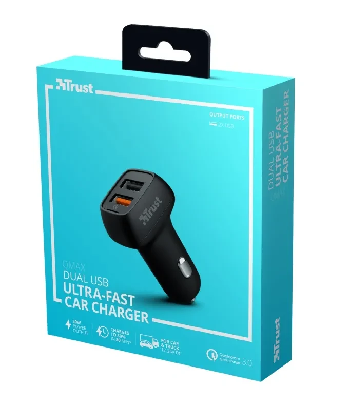 USB Car Charger - Trust Qmax 30W Ultra-Fast Dual USB Car Charger with QC3.0, Fast-charge with up to 12W power or ultra-fast charge with 18W power and QuickCharge 3.0, Total output power (max): A, W 30 5