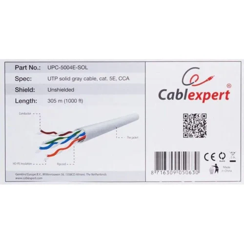 Cable UTP Gembird UPC-5004E-SOL, Solid Gray cable, AWG24 solid CCA, cat. 5E, 305m