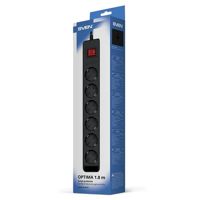 Surge Protector SVEN Optima / 6 Sockets with children protection / 1,8m / Wall mountable / Black 10