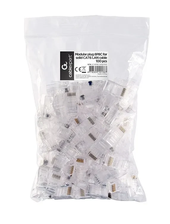 RJ45 Modular Plug LC-8P8C-002/100, Modular plug 8P8C for solid CAT6 LAN cable, 30u” gold plated, 100 pcs/bag 3