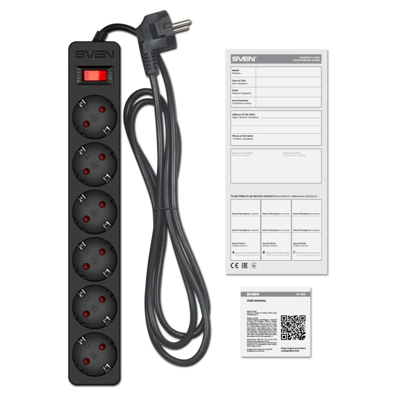 Surge Protector SVEN SF-06E/ 6 Sockets/ 2300W/ 1.8m/ Black 4