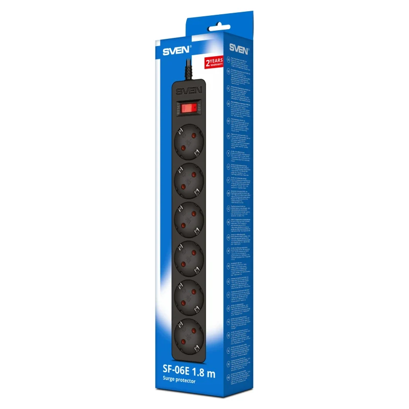 Surge Protector SVEN SF-06E/ 6 Sockets/ 2300W/ 1.8m/ Black 5