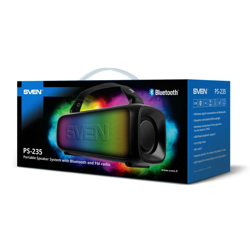 Boxa portabila SVEN PS-235, Black / 12W / Bluetooth / FM / USB / 1500mA*h 10