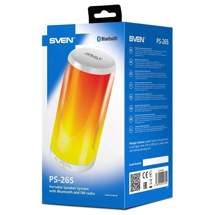 Boxe Portabile Bluetooth SVEN PS-265 White / 10W RMS / TWS / RGB 12 lighting modes with Night Light / FM tuner / USB & microSD / White 10