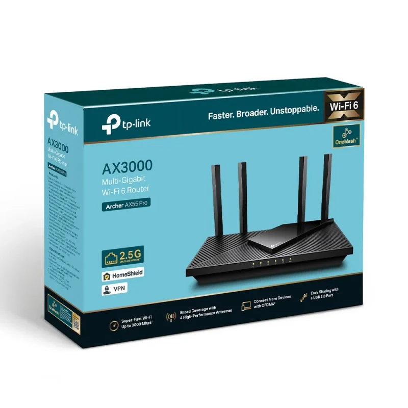 Wi-Fi Router TP-LINK Archer AX55 Pro / AX3000 Dual Band / Wi-Fi6 / Gigabit / 1x1 Gbps WAN/LAN port + 3xGigabit LAN ports + 1xUSB3.0/ 4 external antennas 4