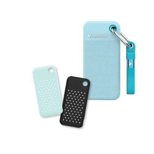 2TB SSD Portabil Verbatim Pocket, Polar Blue with 2 Rubber Sleeves (Black & Polar Blue),1000 MB/s