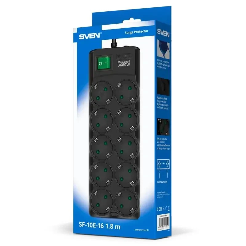 Power Strip SVEN SF-10E-16, 10 Outlets, 1,8m, Black 7