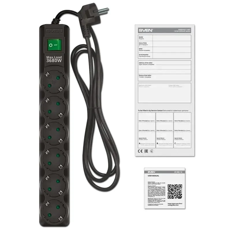 Power Strip SVEN SF-06E-16, 6 Outlets, 1,8m, Black 4
